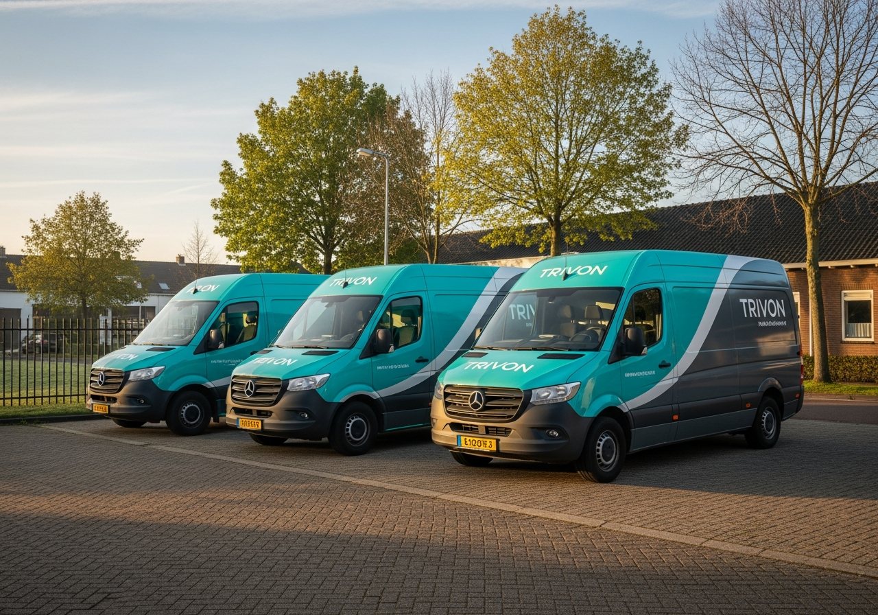 Drie bedrijfsbussen in identieke professionele livery