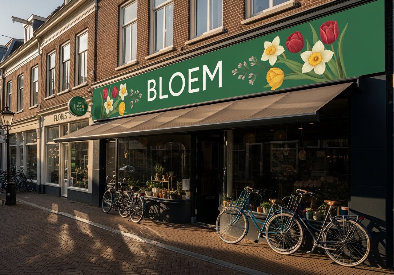 Full-colour gevelband boven een bloemenwinkel