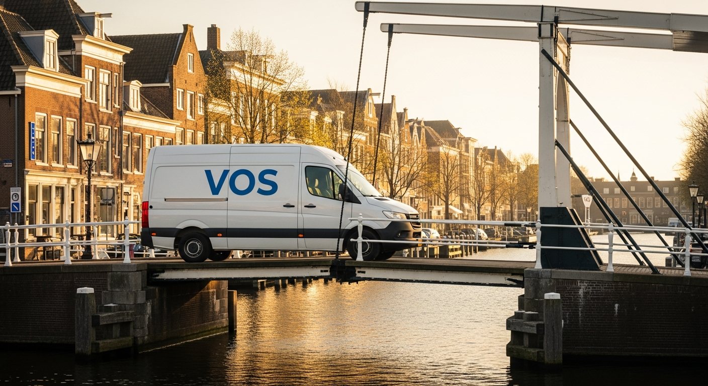 Beletterde bedrijfsbus op een ophaalbrug in gouden avondlicht
