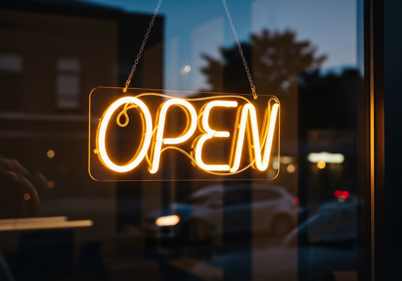 LED-neon OPEN-bord achter een caféruit