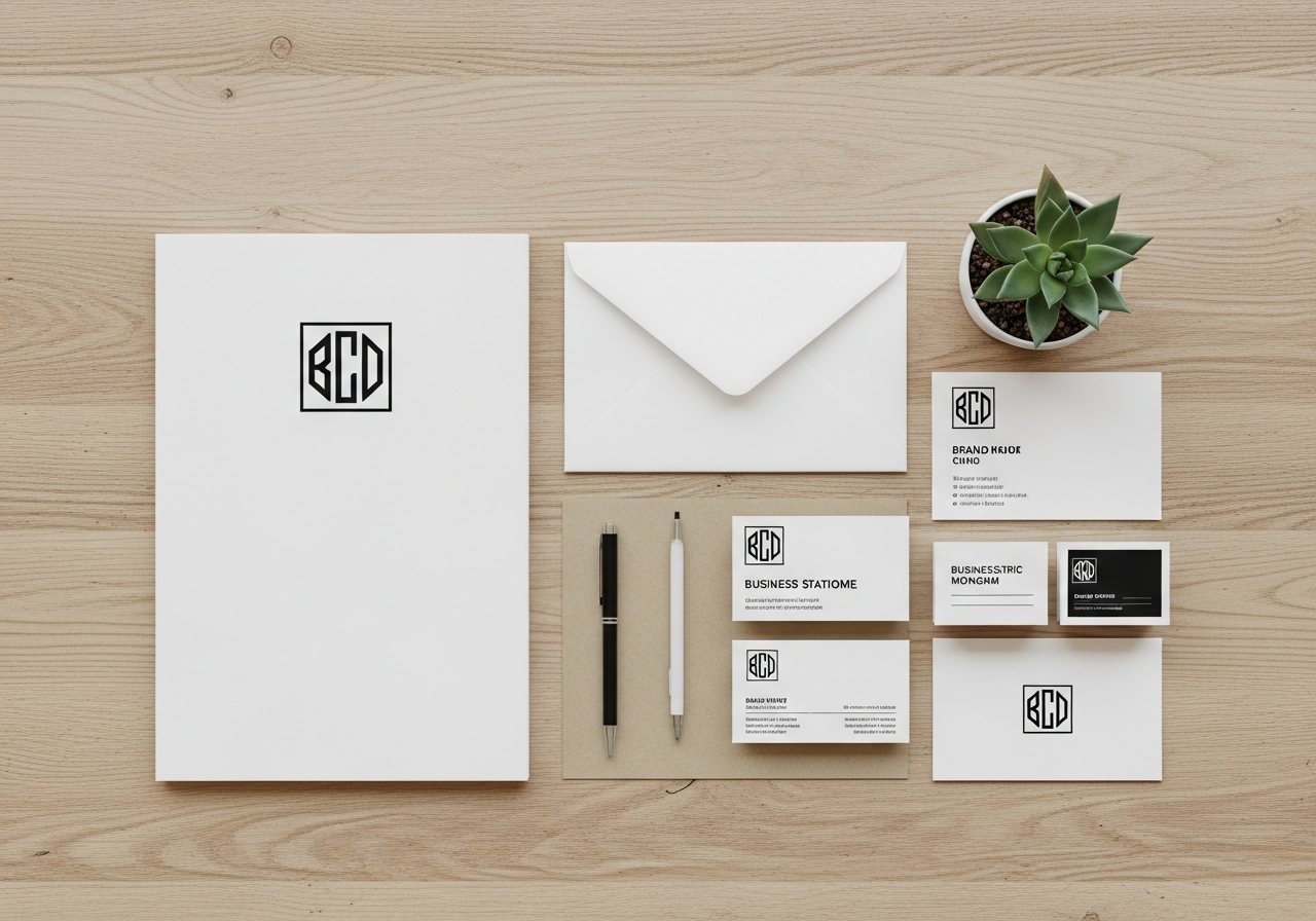 Visualisatie van huisstijl-drukwerk: visitekaartjes, briefpapier en envelop met monogram