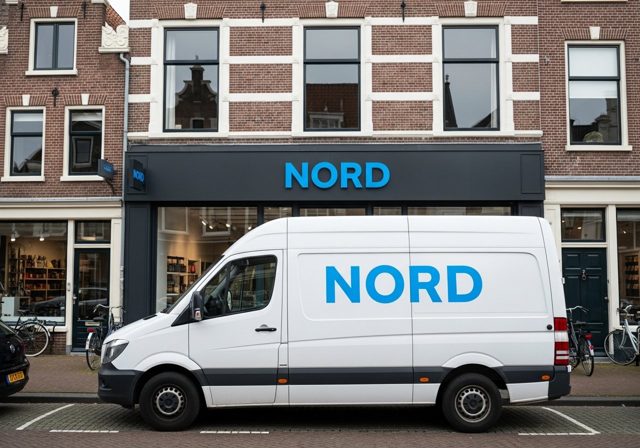 Visualisatie van dezelfde huisstijl op een bedrijfsbus en de winkelgevel erachter