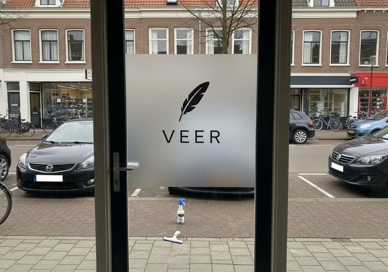 Visualisatie van een net aangebracht logo op frosted glas, rakel nog op de vloer