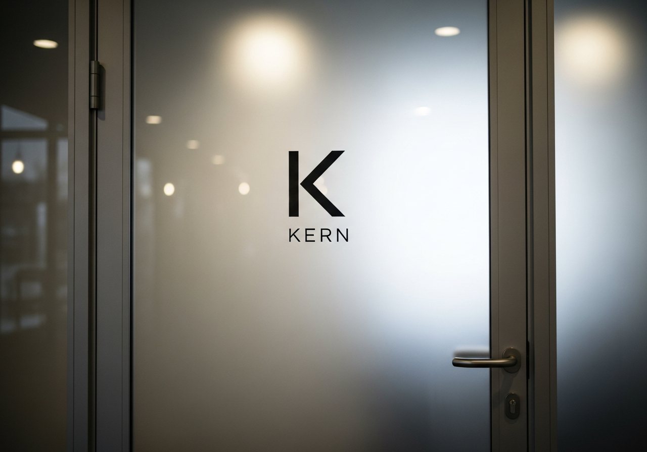 Visualisatie van een minimalistisch logo op een frosted glazen kantoordeur