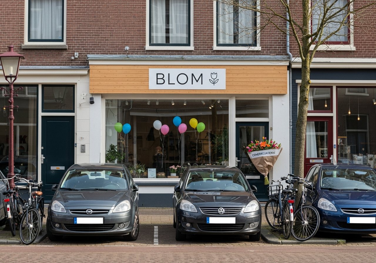Visualisatie van een bloemenwinkel op openingsdag met nieuw gevelbord, bloemen en ballonnen