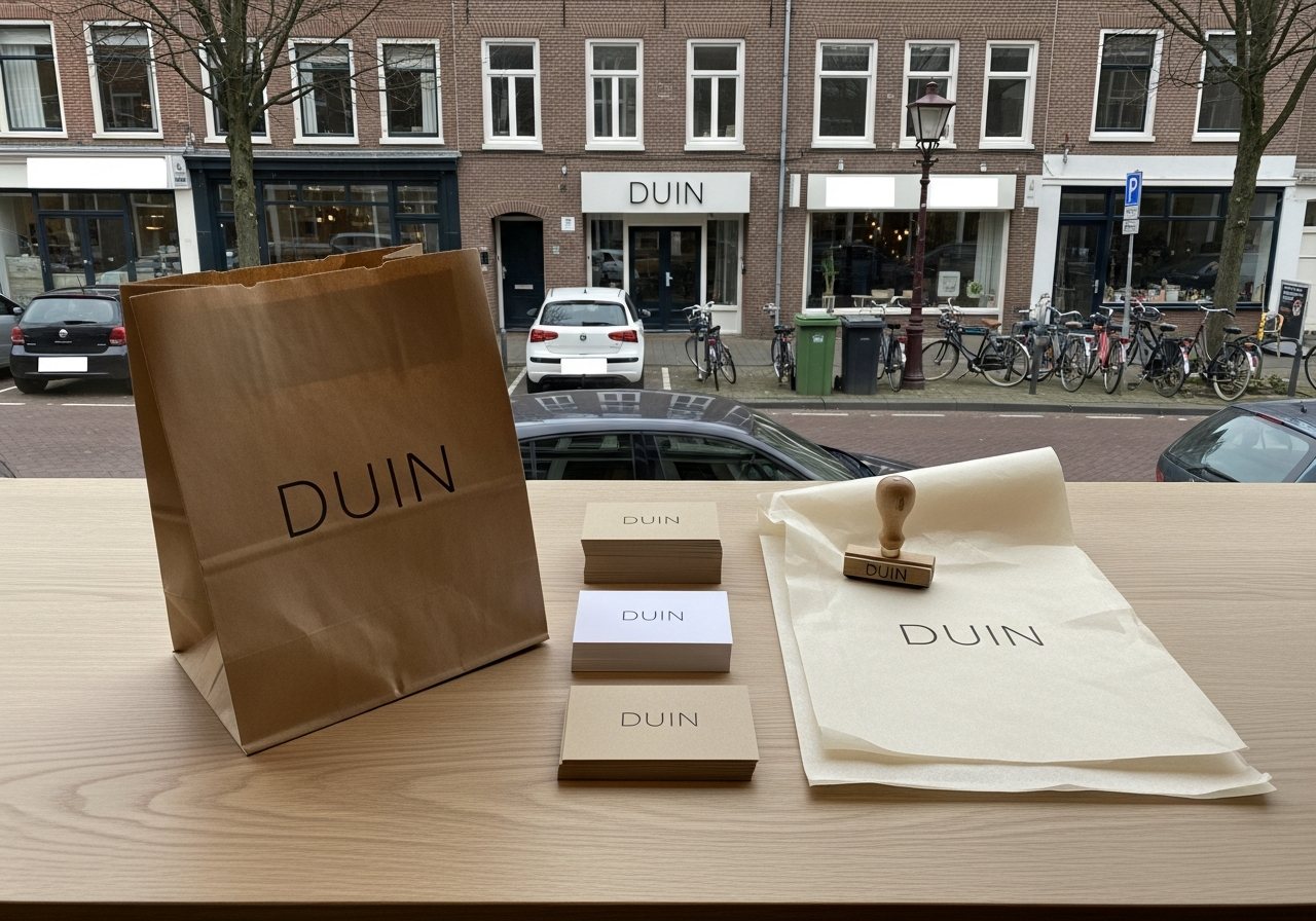 Visualisatie van huisstijl op verpakking: bedrukte tas, kaartjes en stempel op een toonbank