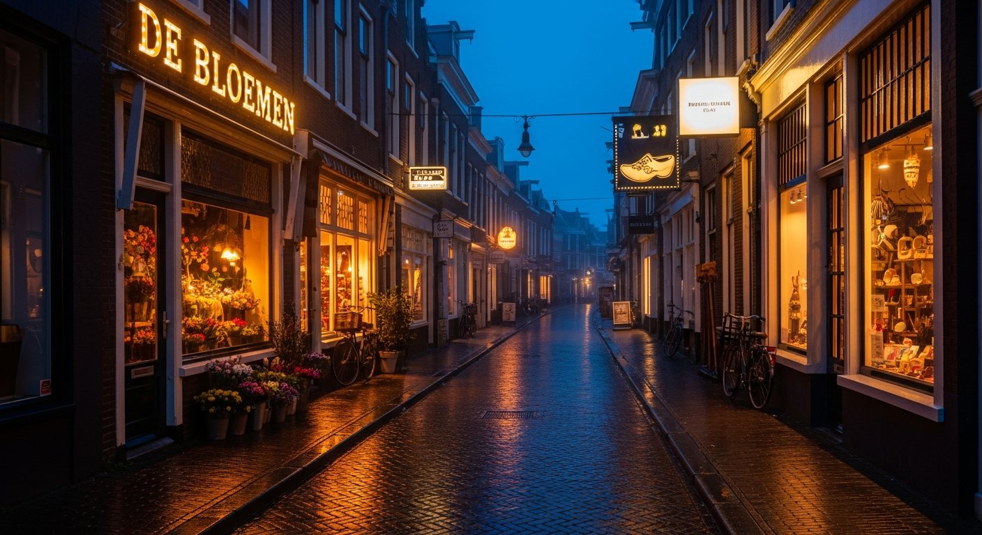 Sfeerbeeld: verlichte winkelstraat met reclame-uitingen in de avond