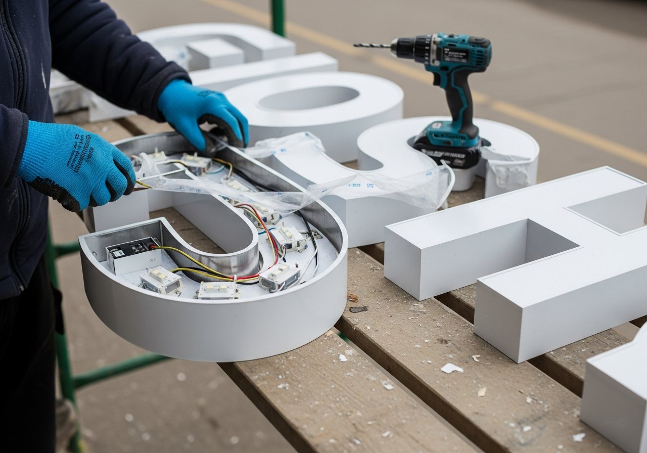 Visualisatie van de assemblage van doosletters met zichtbare LED-modules in de werkplaats