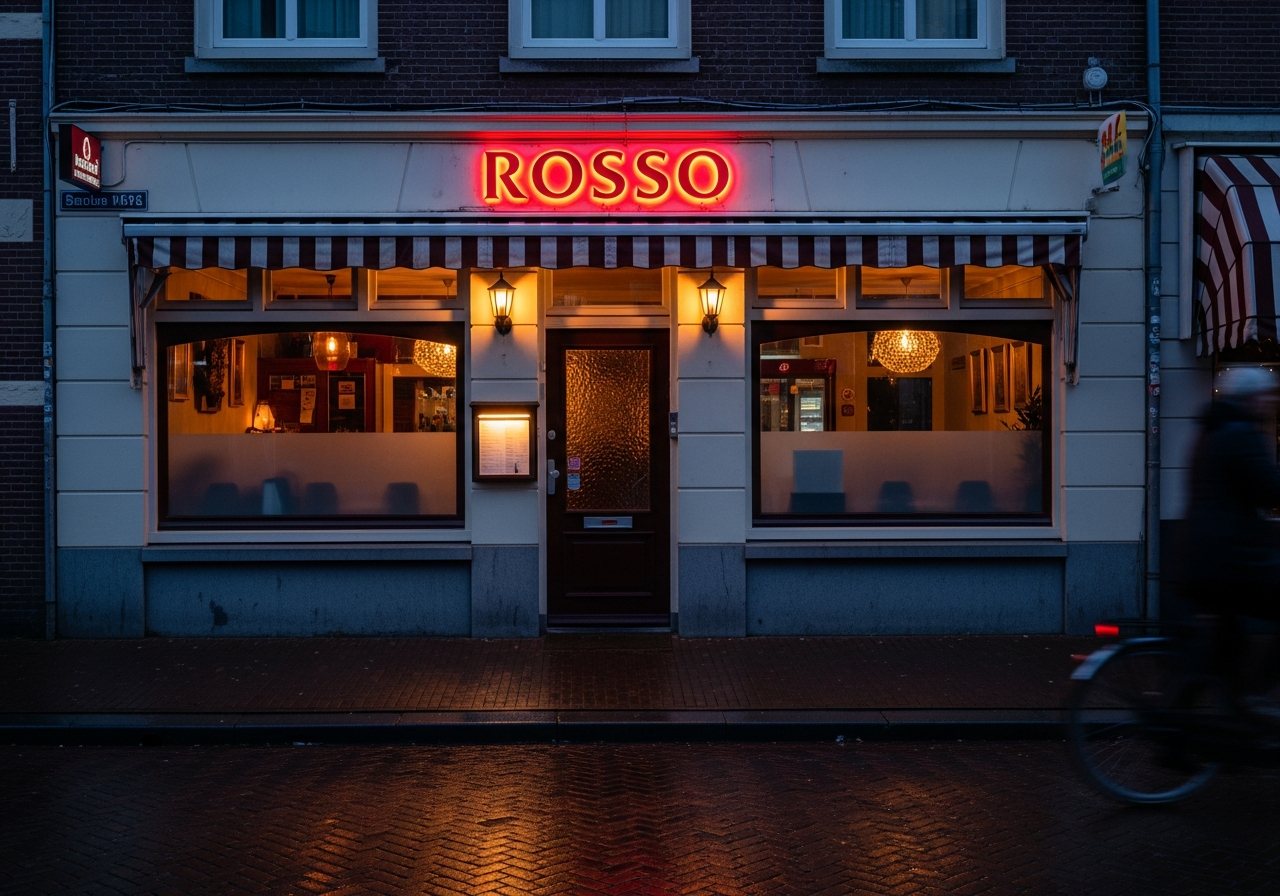 Rood verlichte doosletters boven een restaurant