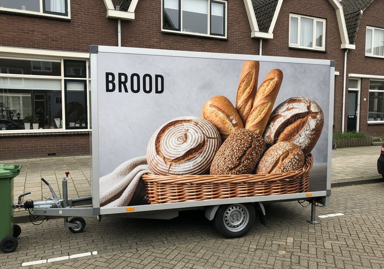 Visualisatie van een reclame-aanhanger met nieuwe full-colour bakkerijprint in een woonstraat