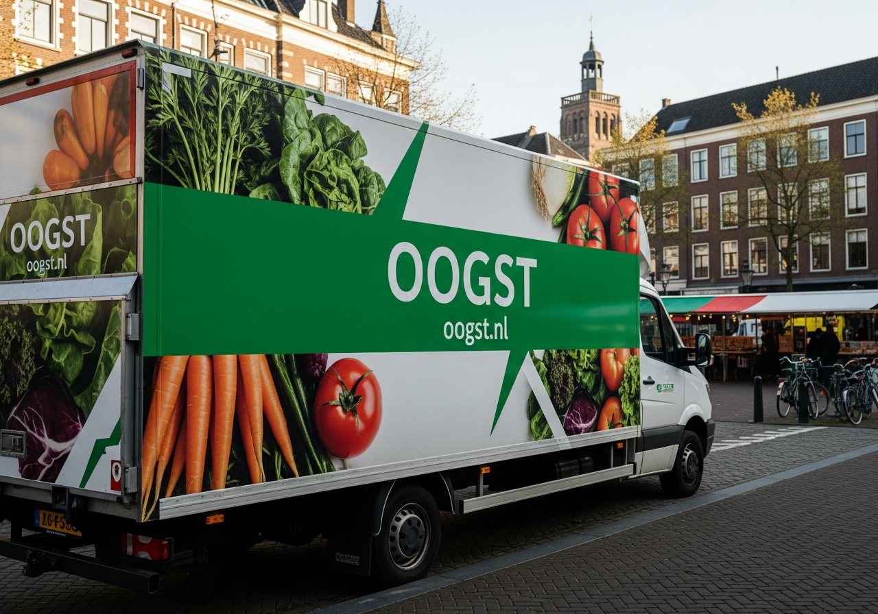 Visualisatie van een bakwagen met full-colour groentefotografie over de hele laadbak