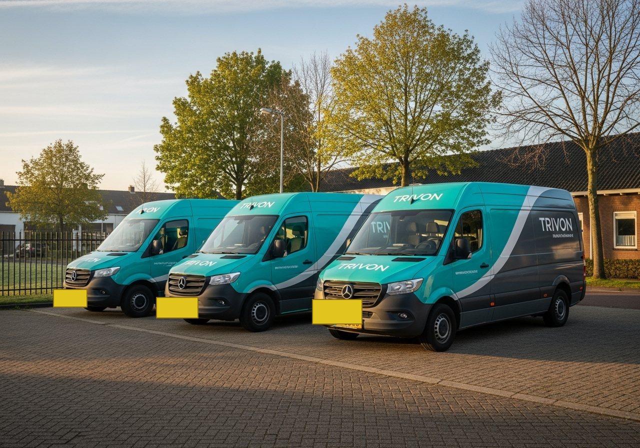 Drie bedrijfsbussen in identieke professionele livery