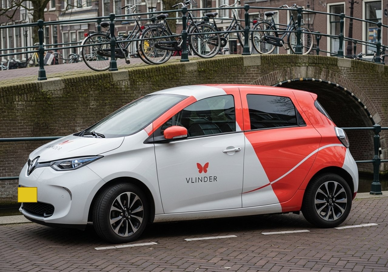 Visualisatie van een elektrische stadsauto met koraal-wit splitdesign en vlinderlogo aan een gracht