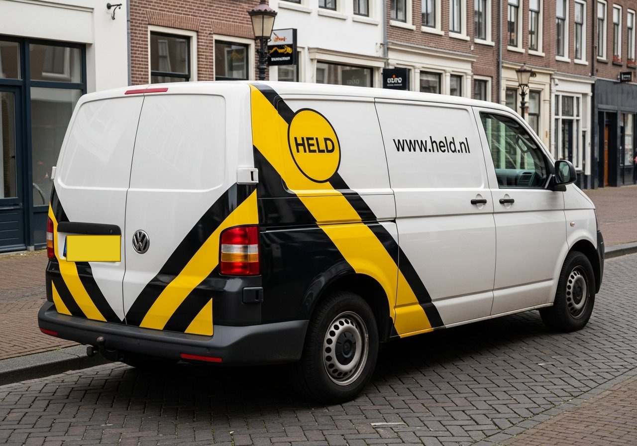 Visualisatie van een witte bus met geel-zwart diagonaal kleurvlakontwerp en rond logo
