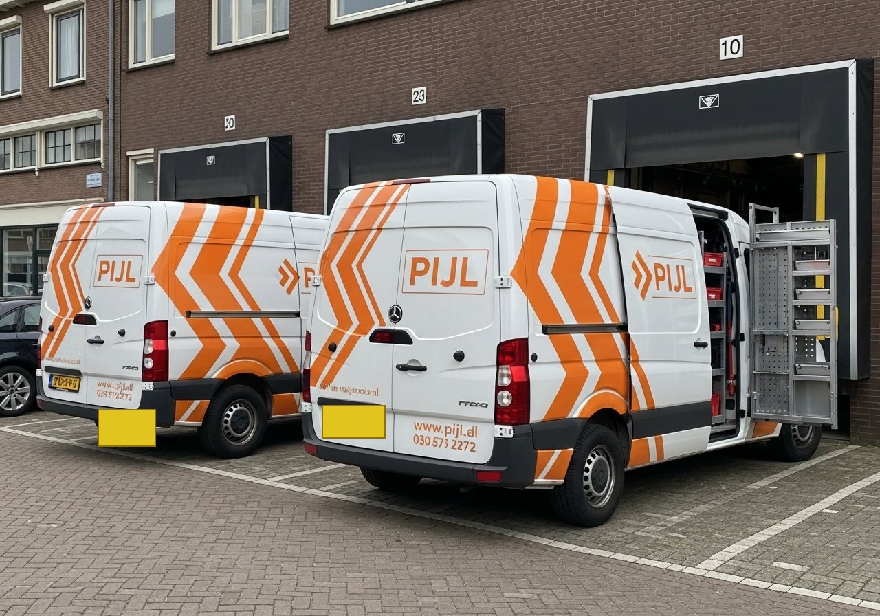 Visualisatie van twee bussen in witte livery met oranje chevron-patroon bij een laaddok