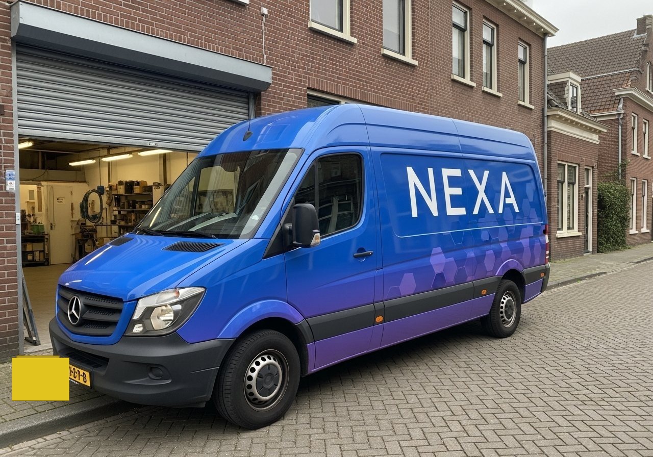 Visualisatie van een full wrap met blauw-paars verloop en hexagoonpatroon voor een werkplaats