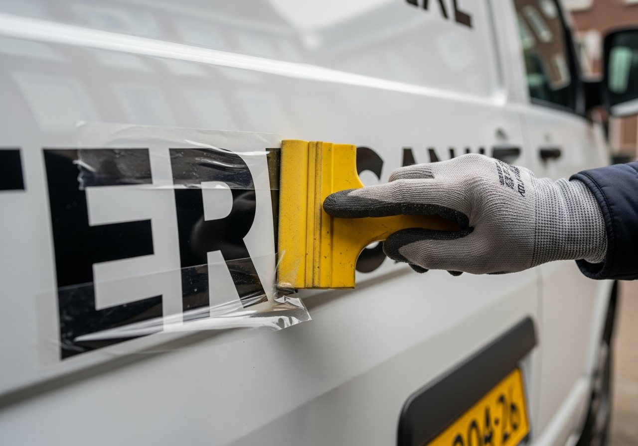 Visualisatie van vinylbelettering die met een rakel op een busdeur wordt aangebracht