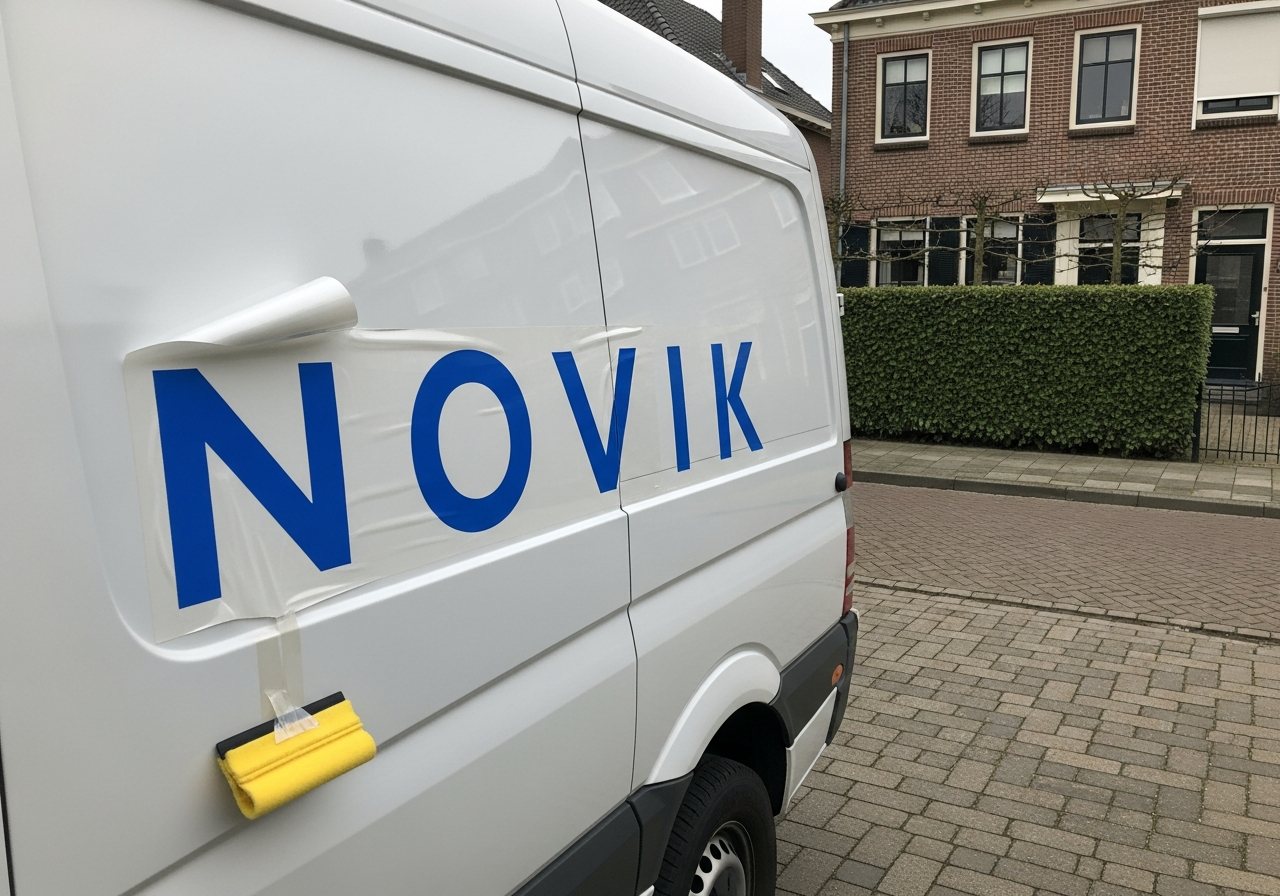 Visualisatie van verse busbelettering waarvan de applicatietape half is verwijderd