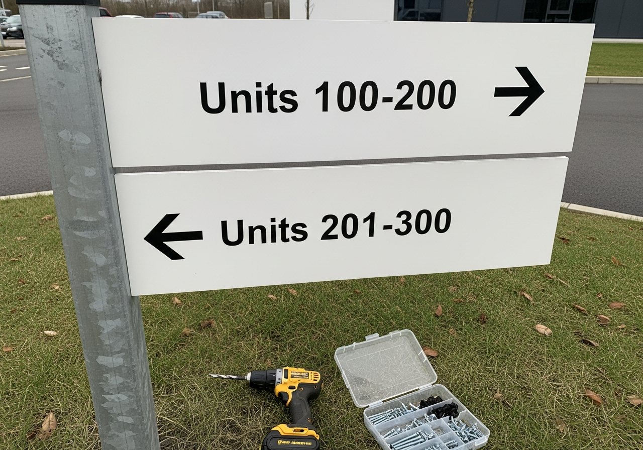 Visualisatie van nieuwe bewegwijzeringspanelen aan een paal, boormachine nog in het gras