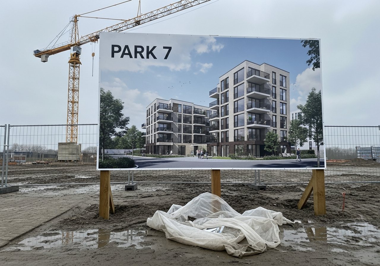 Visualisatie van een nieuw bouwbord met projectrender, beschermfolie net verwijderd