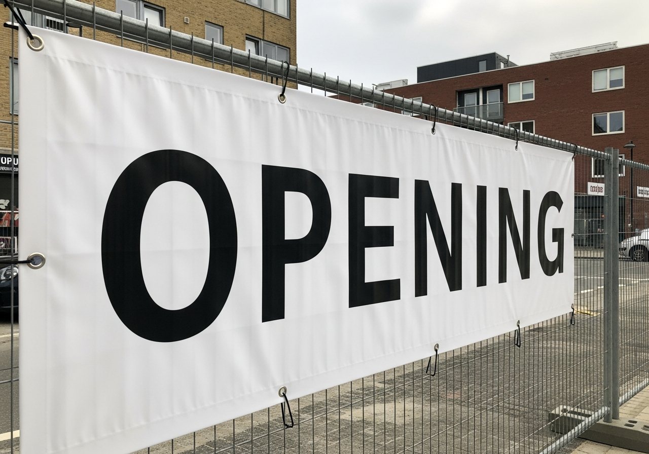 Visualisatie van een gespannen PVC-spandoek met ringen op een bouwhek