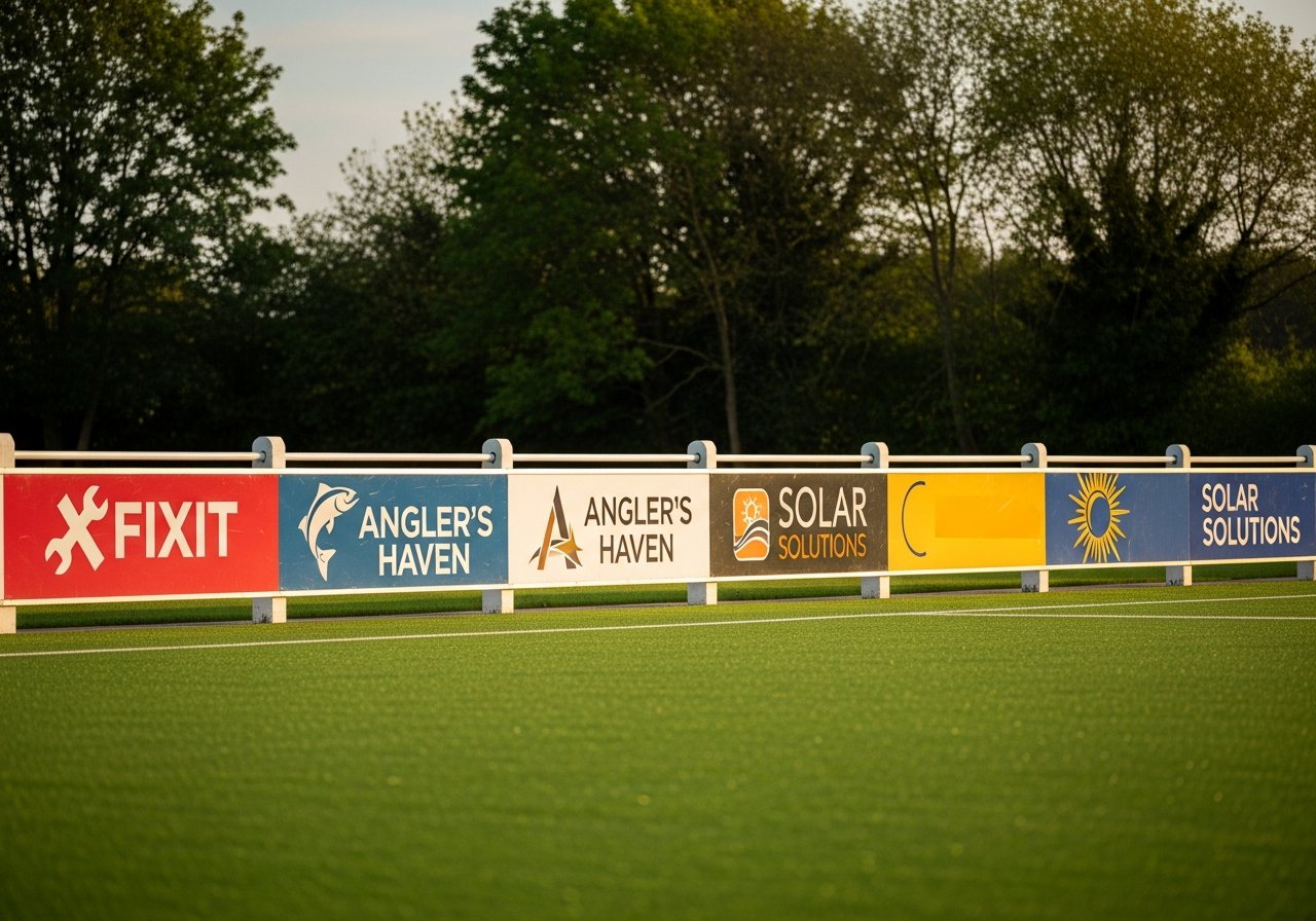 Visualisatie van een rij sponsorborden langs een sportveld