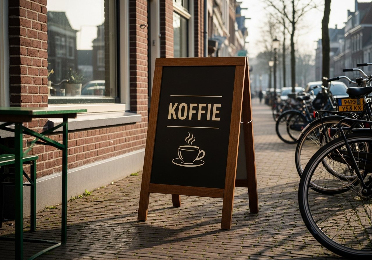 Visualisatie van een nieuw stoepbord met full-colour print voor een café