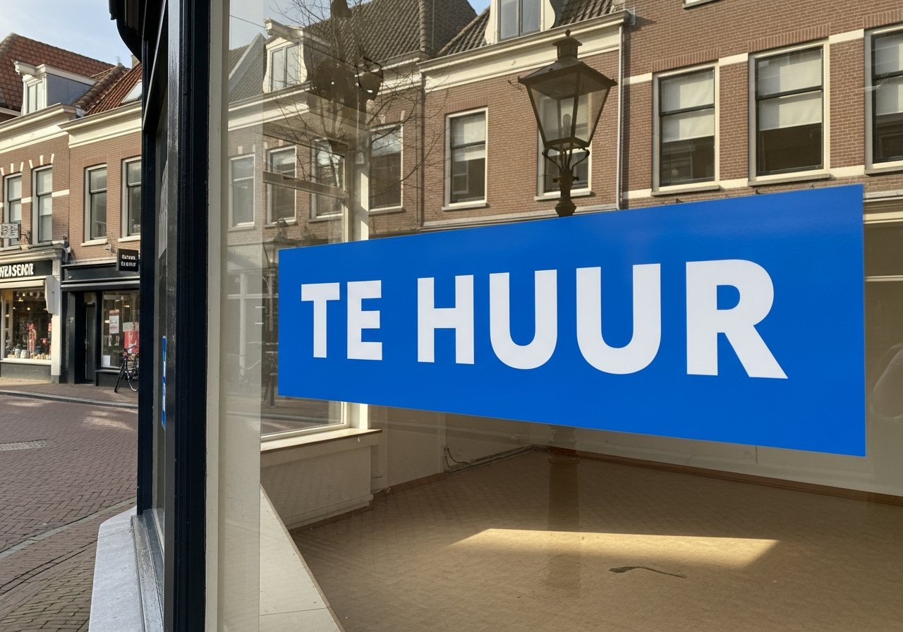 Visualisatie van een grote TE HUUR-sticker op de binnenzijde van een leegstaande winkelruit