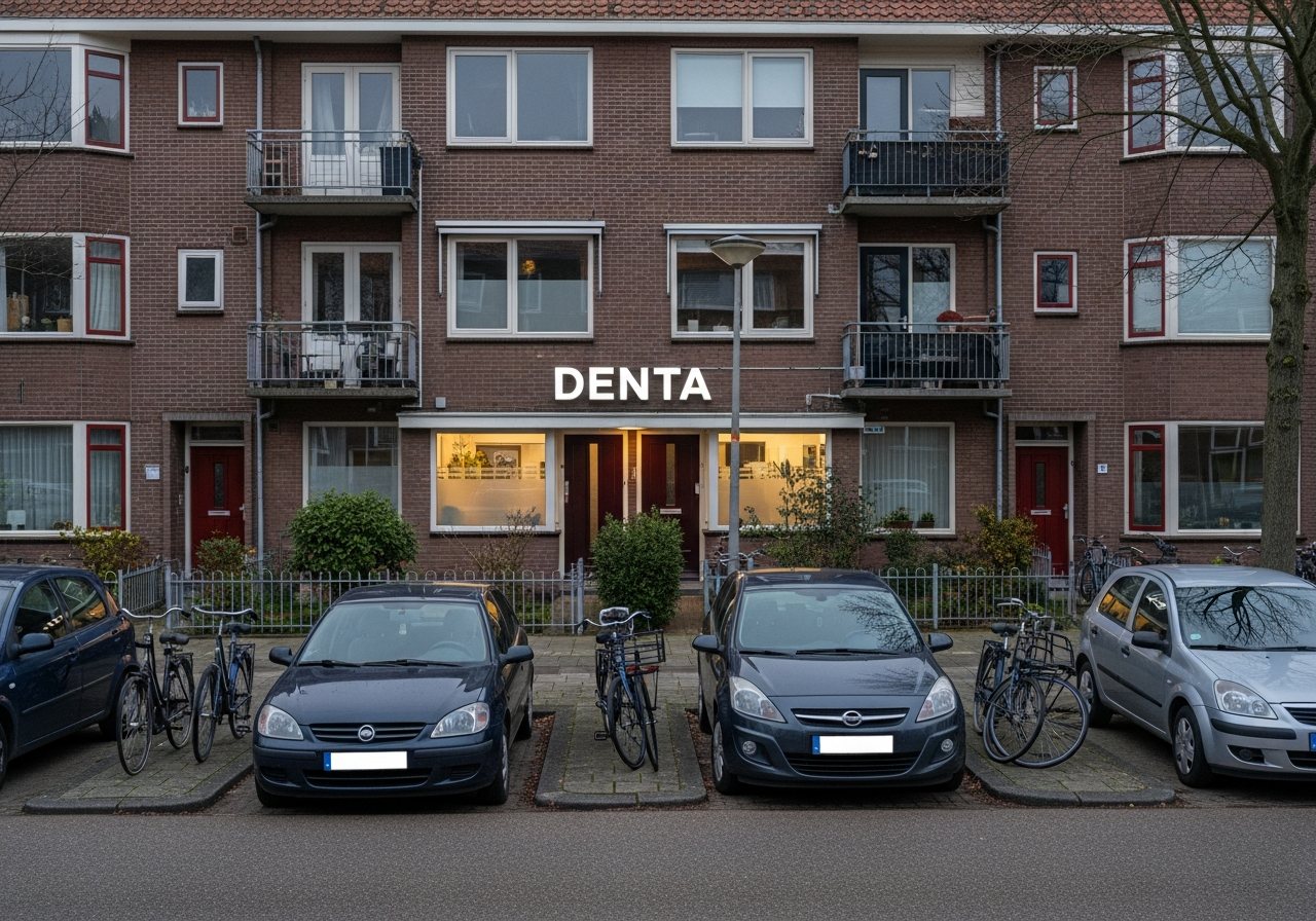 Visualisatie van verlichte praktijkletters aan een woonstraat, gezien vanaf de overkant