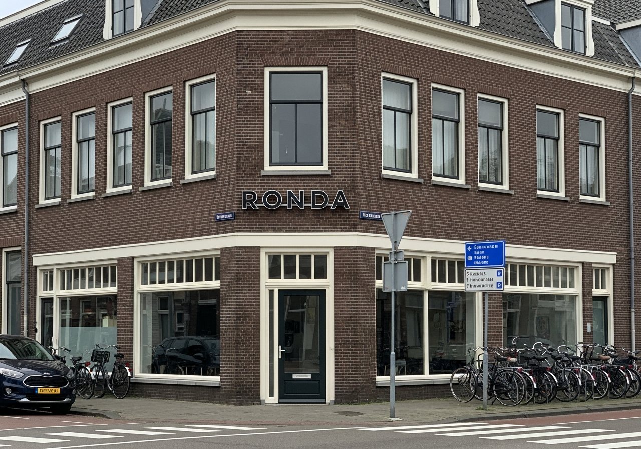 Visualisatie van doosletters op de fascia van een hoekpand, gezien vanaf de kruising