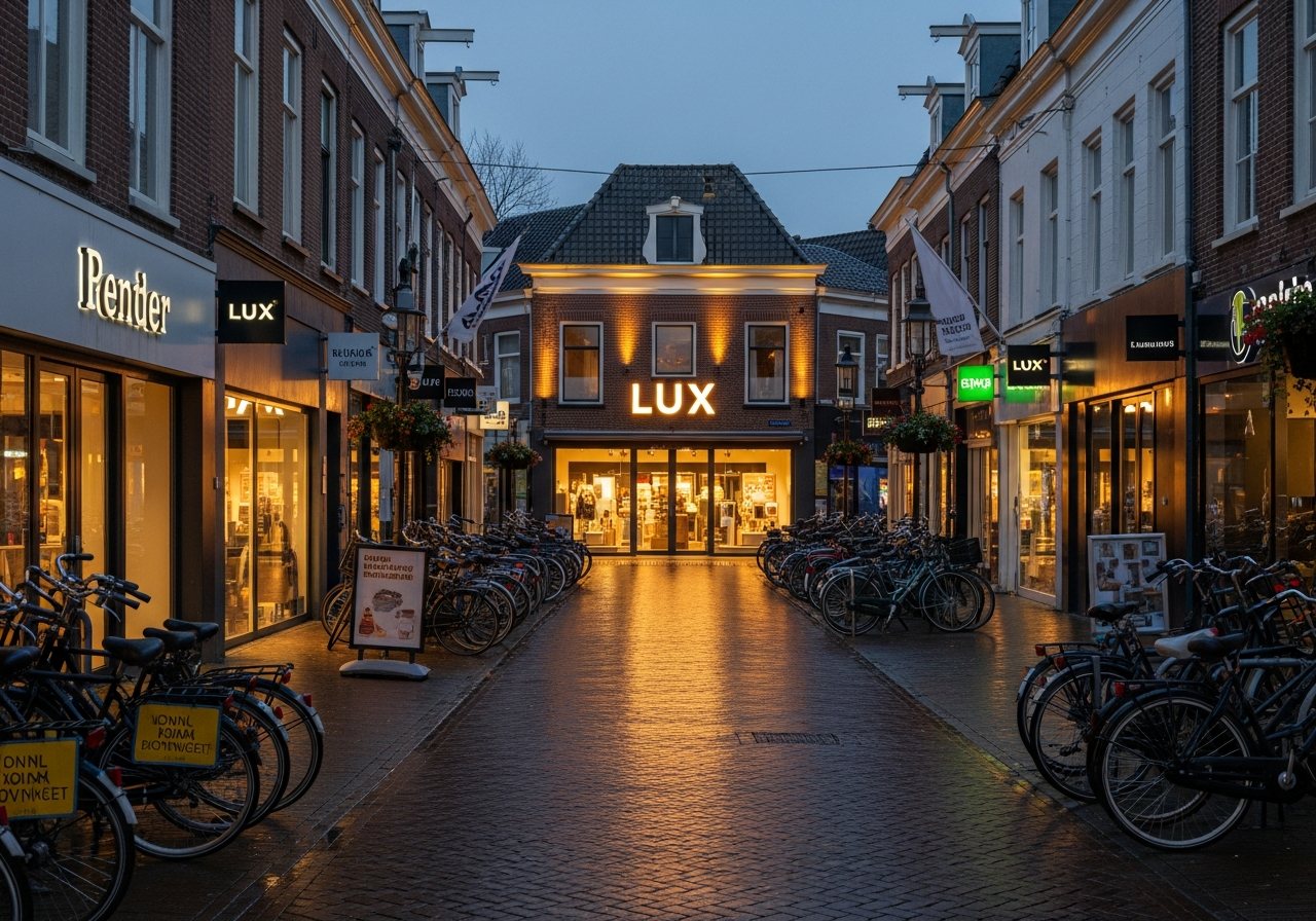 Visualisatie van verlichte doosletters in een winkelstraat in de schemering, buren zichtbaar