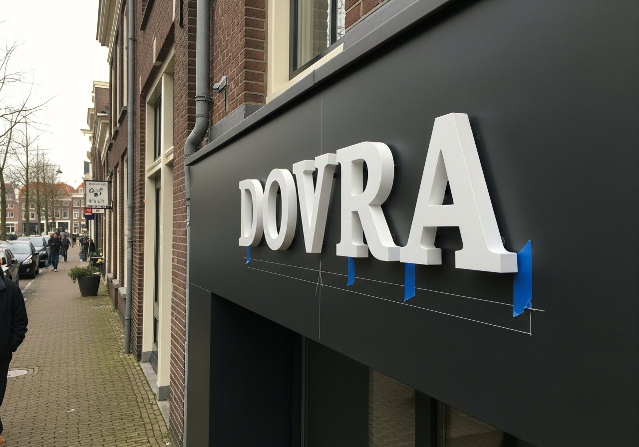 Visualisatie van nieuwe onverlichte doosletters overdag met aftekenlijnen nog op de gevel