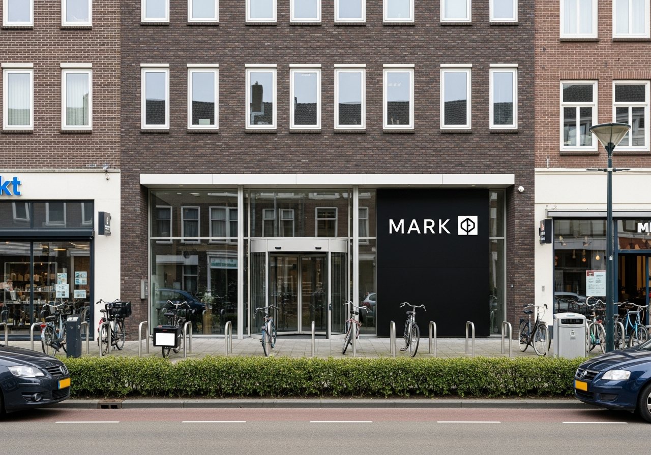 Visualisatie van een dibond paneel naast de entree van een modern kantoorgebouw