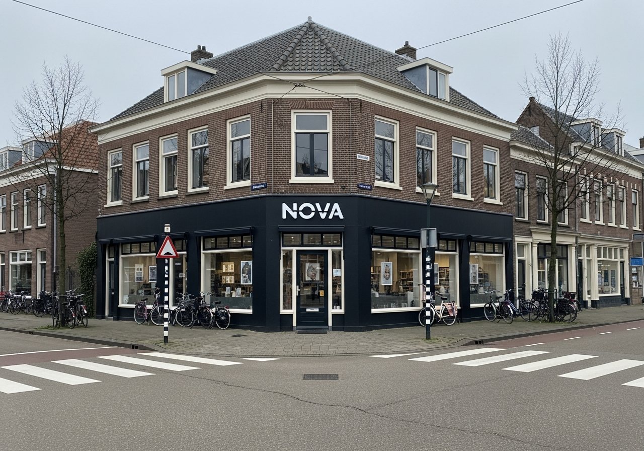 Visualisatie van witte 3D letters op een hoekpand, gezien vanaf de overkant van de kruising