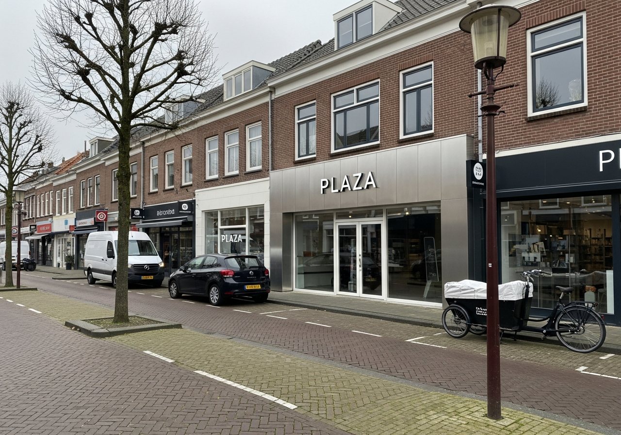 Visualisatie van een winkelstrip met een nieuw aluminium gevelpaneel in het midden