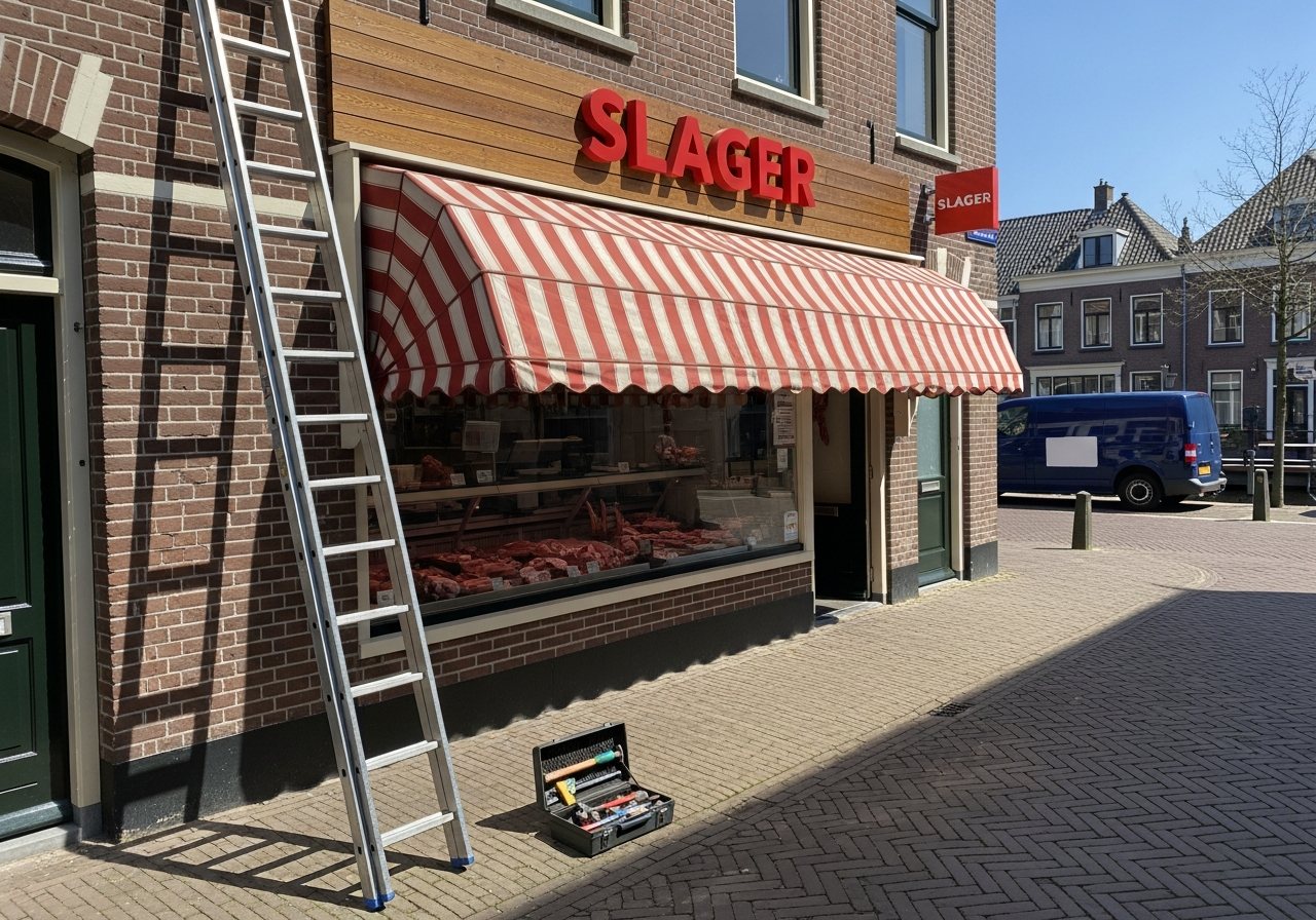 Visualisatie van net gemonteerde rode gevelletters boven een slagerij, ladder nog tegen de gevel