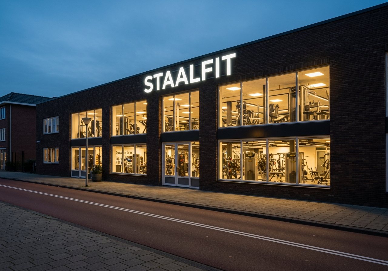 Visualisatie van verlichte gevelletters op een sportschool in de avond