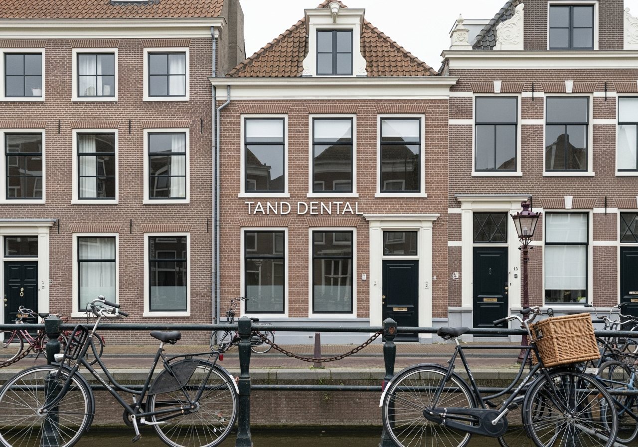 Visualisatie van subtiele gevelbelettering op een grachtenpand met tandartspraktijk