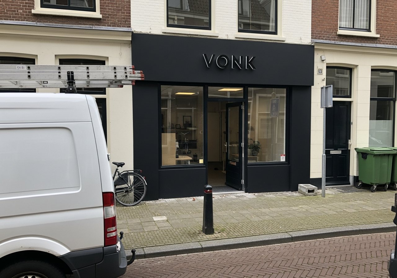 Visualisatie van een winkelpui met nieuwe gevelletters, montagebus geparkeerd voor de deur