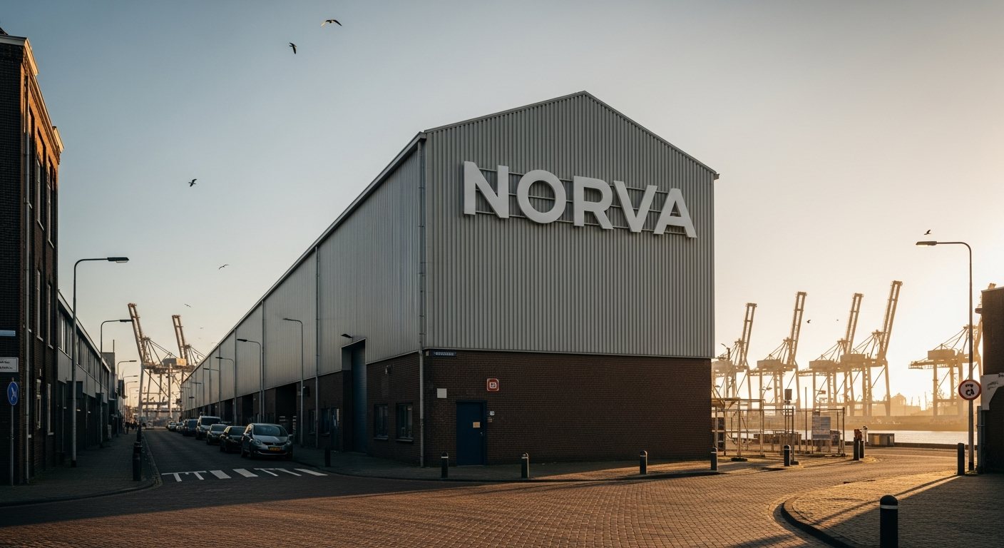 Grote gevelletters op een havenloods bij zonsopgang
