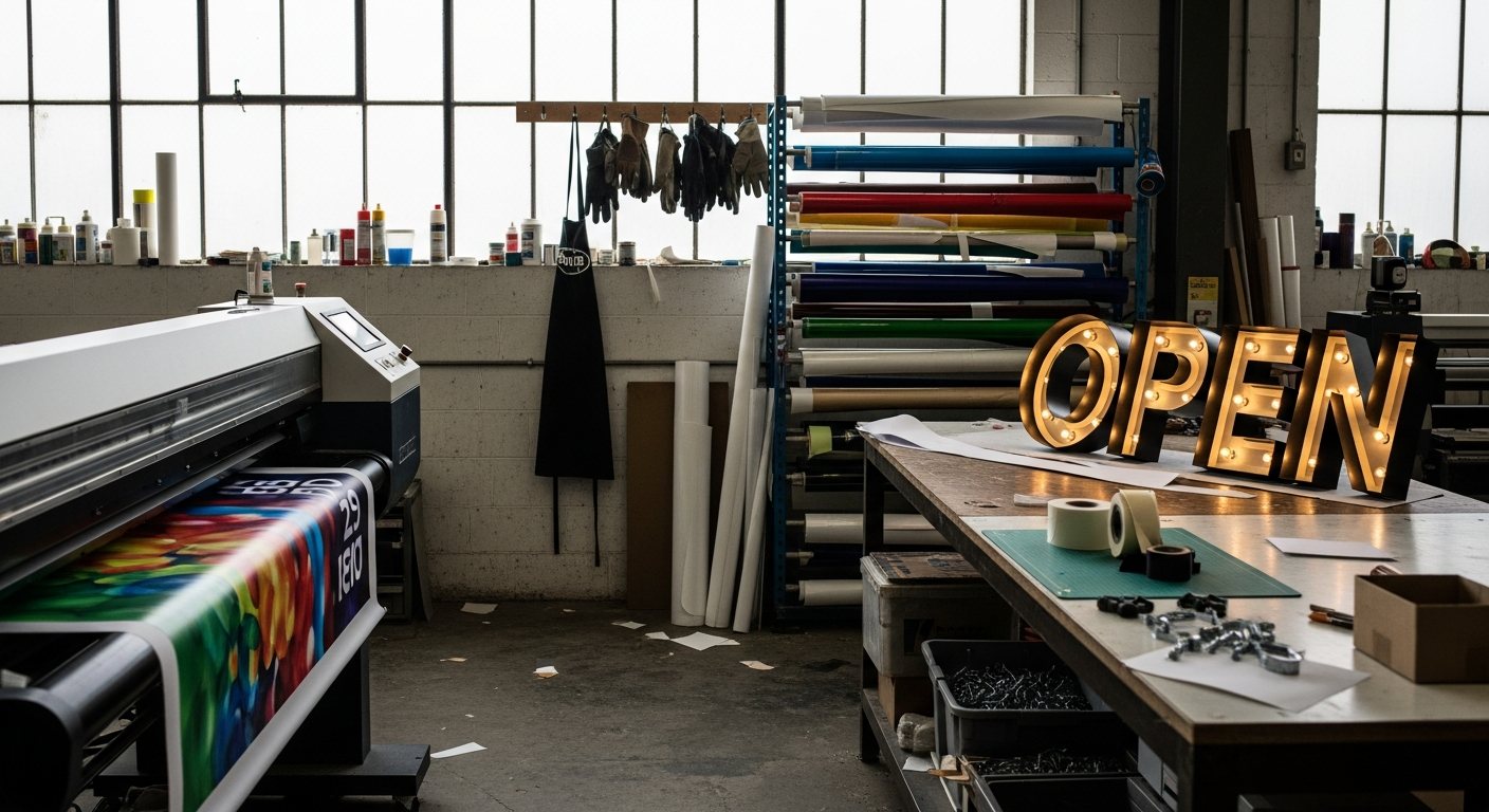 Werkplaats met grootformaatprinter, vinylrollen en een doosletter in productie