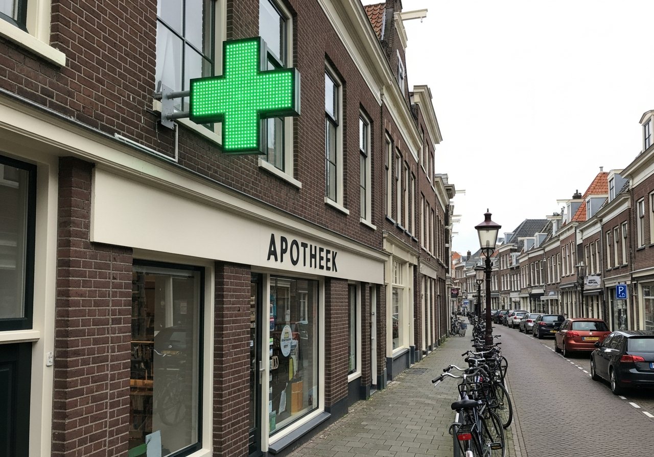 Visualisatie van een apotheekgevel met groen LED-kruis hoog aan de gevel in een winkelstraat