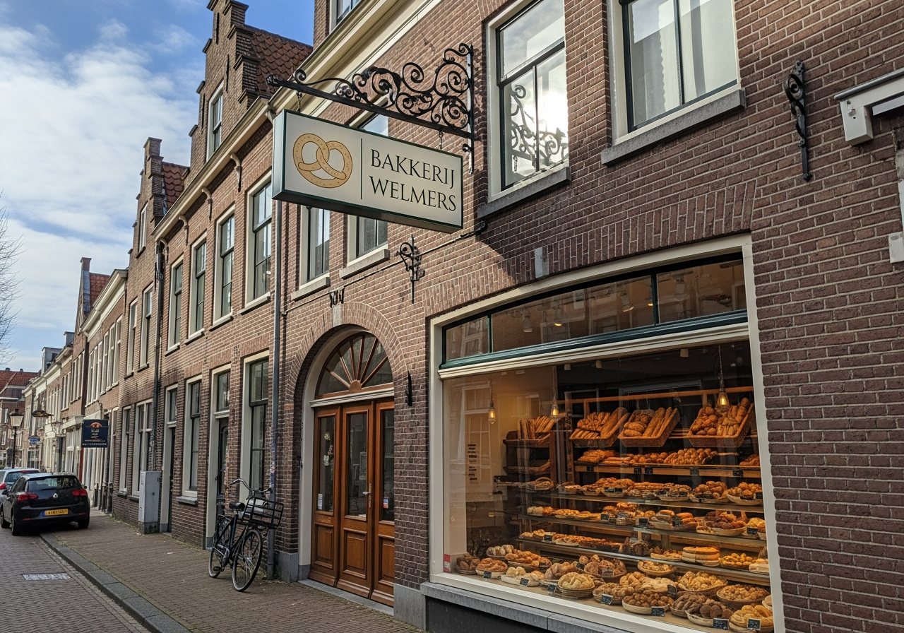Visualisatie van een klassiek dubbelzijdig uithangbord aan een smeedijzeren arm boven een bakkerij