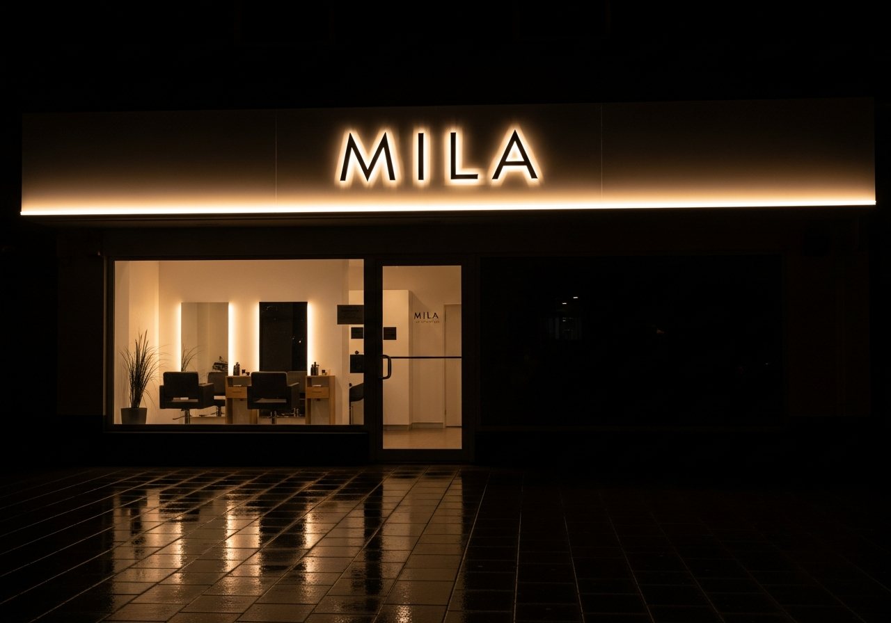 Verlicht gevelpaneel boven een kapsalon bij nacht