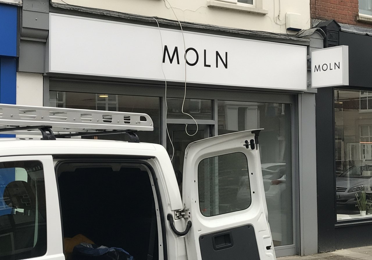 Visualisatie van een net gemonteerde lichtbak, montagebus met open deuren ervoor