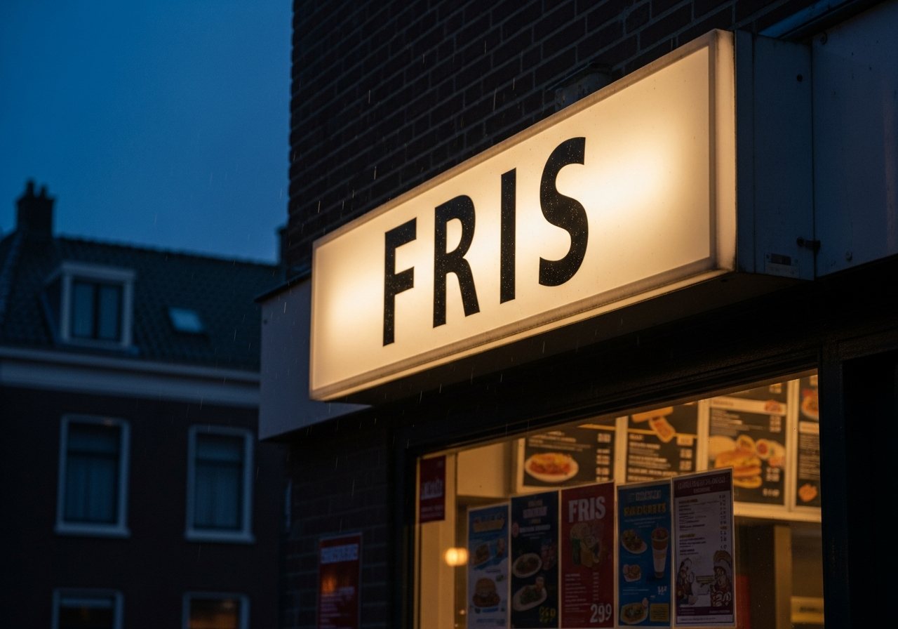 Visualisatie van een verlichte lichtbak boven een snackbar in de avond