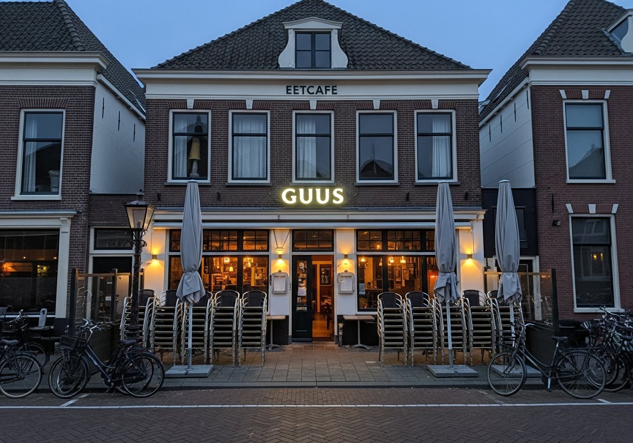 Visualisatie van een backlit gevelbord boven een eetcafé met terras