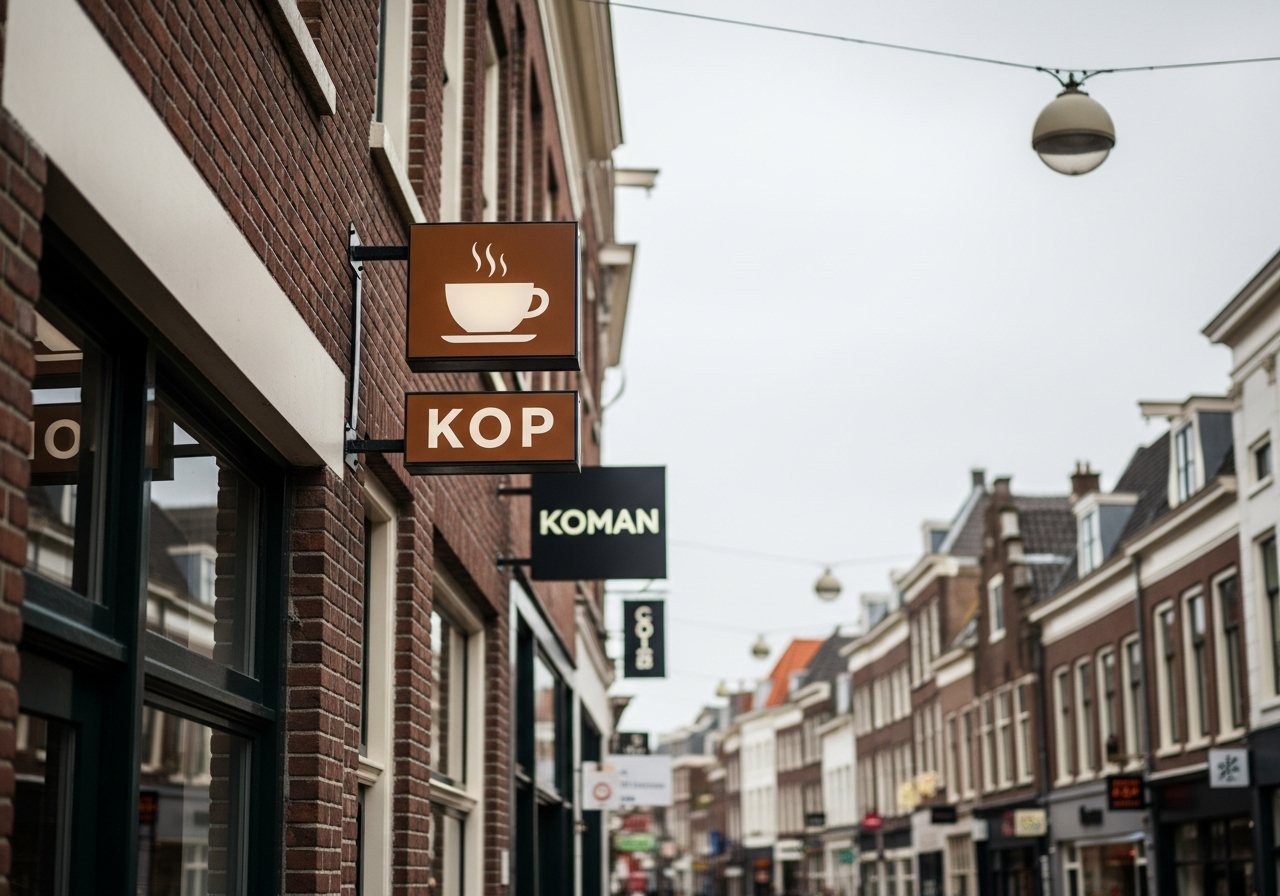 Visualisatie van een dubbelzijdig uithangbord haaks op een winkelgevel