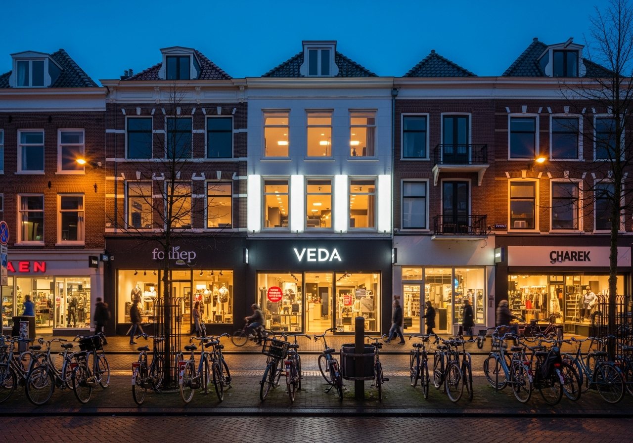 Visualisatie van een nieuwe lichtbak tussen oudere winkelsigning in een avondstraat