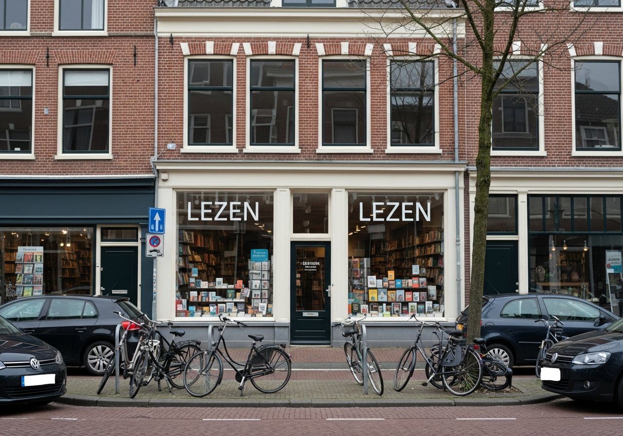 Visualisatie van elegante raambelettering over twee etalageruiten van een boekhandel